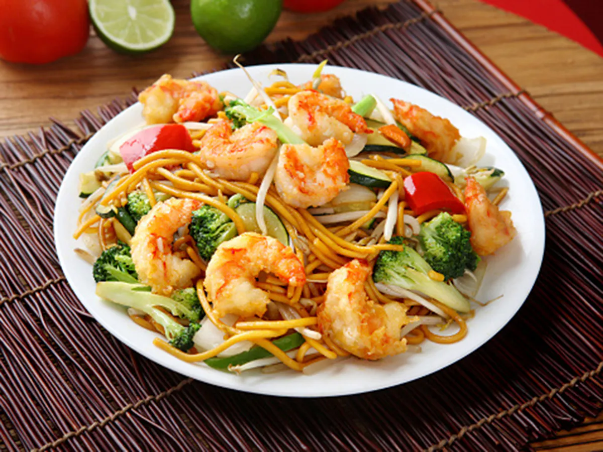 Shrimp lo mein stir fry with mixed vegetables at First Gourmet Chef, a Chinese Restaurant in Staten Island